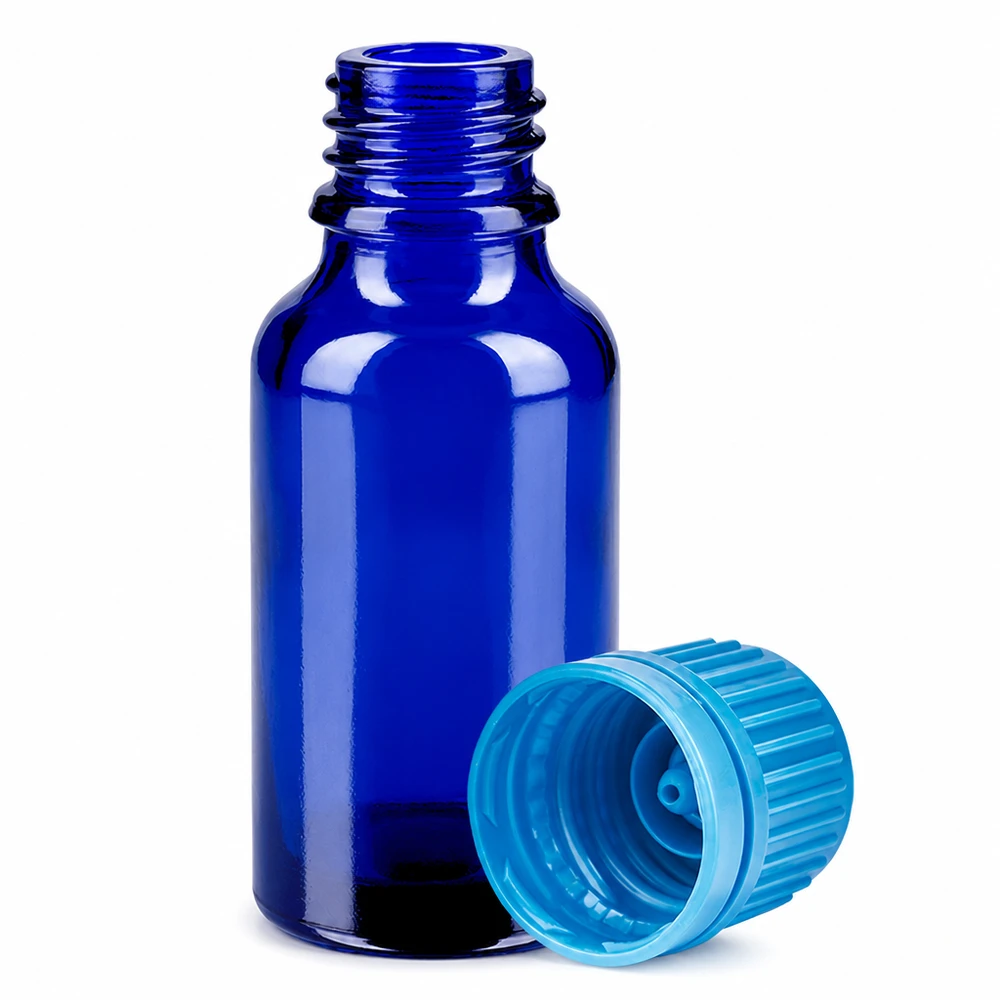 Klein laboratoriumflesje van 20 ml van blauw glas met turkooizen dop voor nauwkeurige dosering