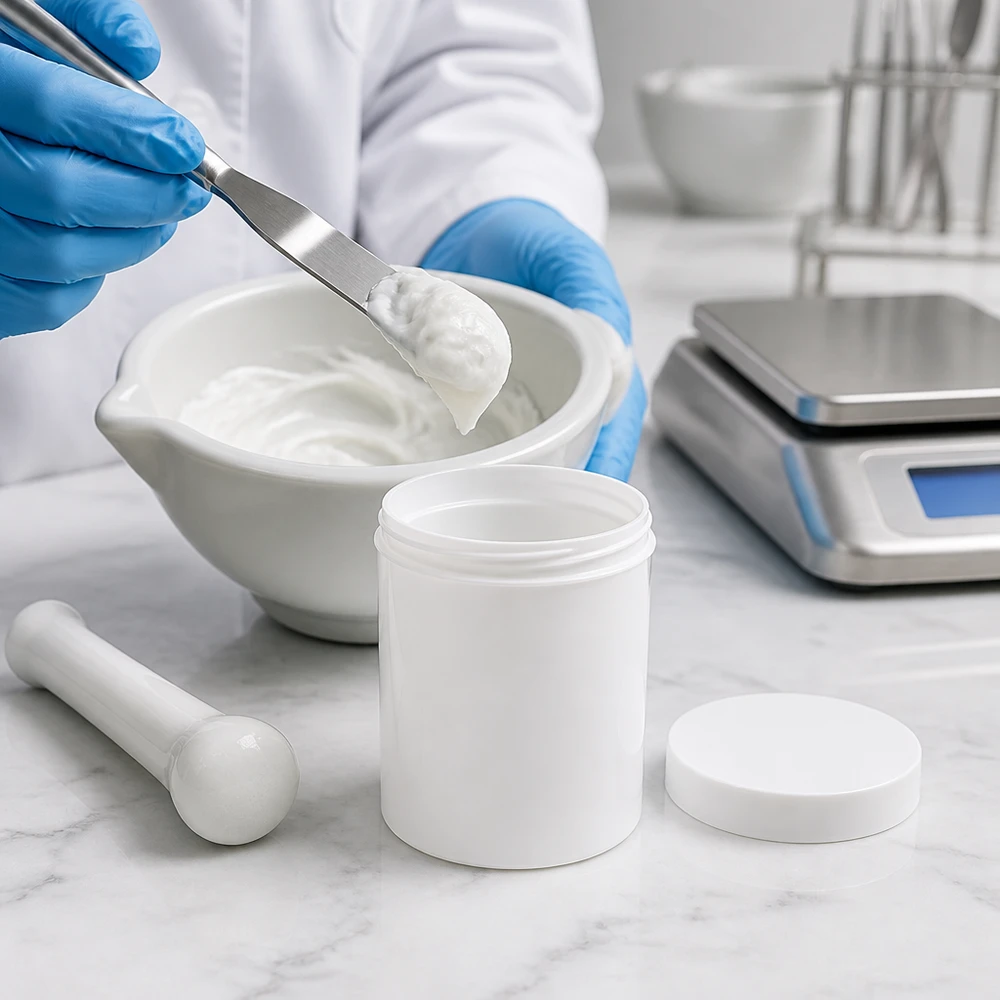Zalfpot 300 g wit met schroefdeksel wit (PP) Compounding-laboratorium met witte zalfpot van 300 g (PP) met schroefdeksel, vijzel en stamper