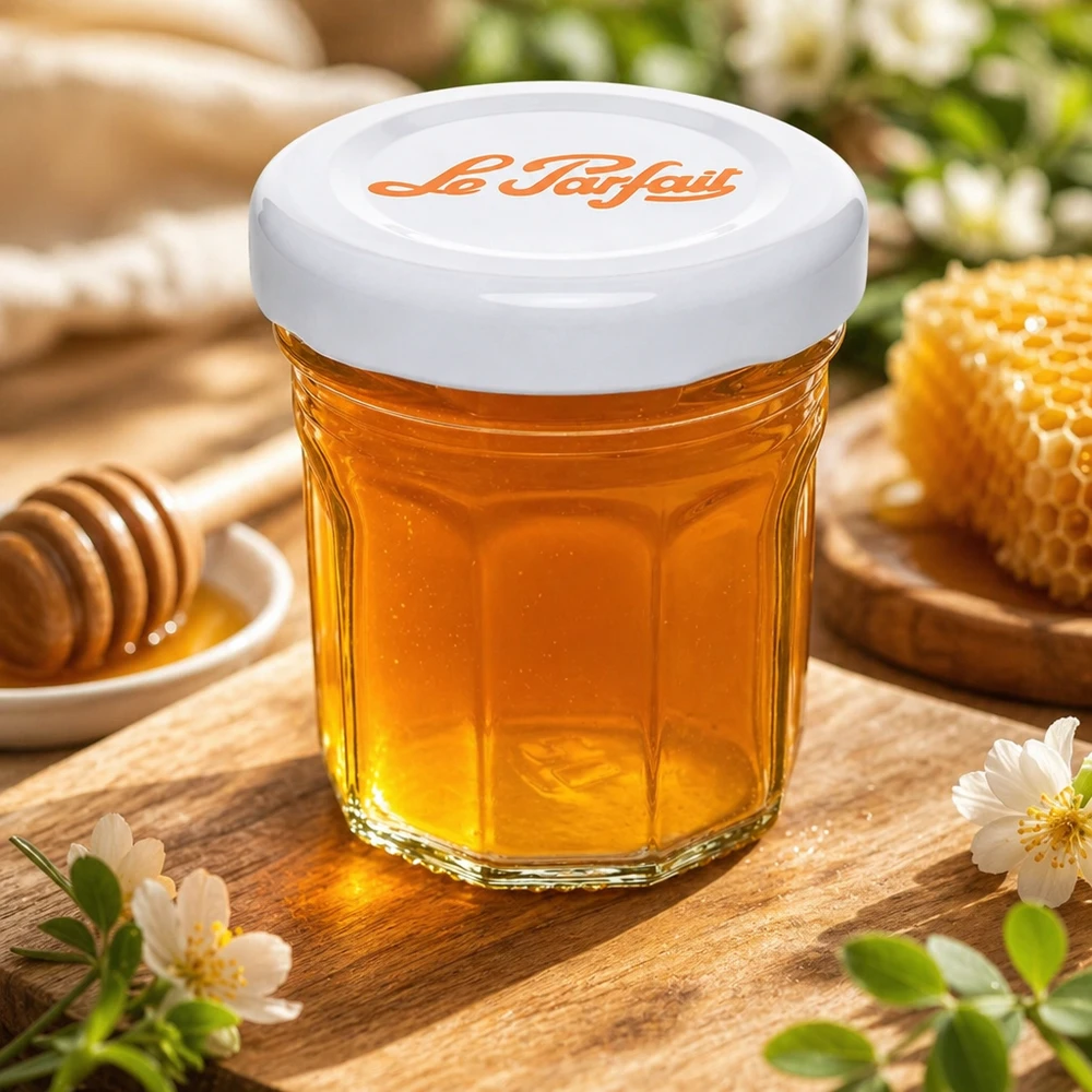 Le Parfait mini tumblers 44ml gevuld met honing naast honingraat en honinglepel op houten tafel met bloemdecoratie