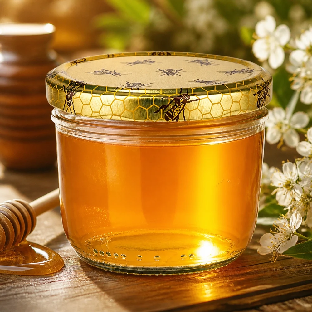230ml glazen pot met honingraatdeksel vol gouden honing naast honinglepel en witte bloemen op houten tafel
