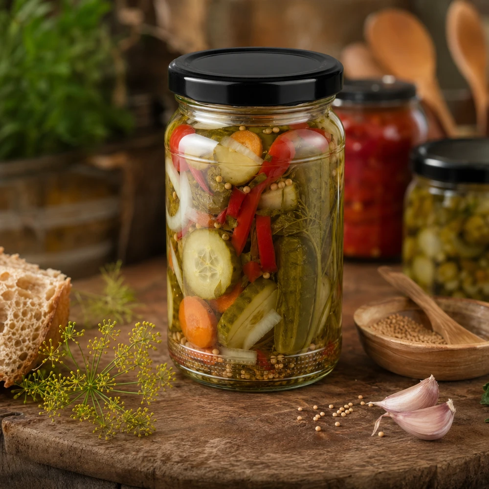 UNiTWIST ronde pot 110ml gevuld met ingemaakte groenten en zwart TO48 deksel tussen kruiden op houten plank