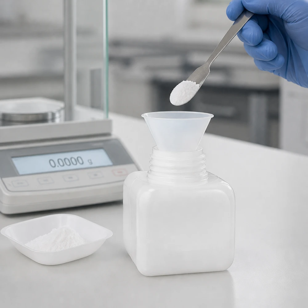 250 ml PE-HD-fles voor chemicaliën met brede hals, afvulproces, laboratoriumweegschaal, beschermende handschoen (blauw)