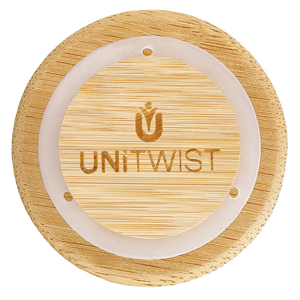 Houten deksel WECK RR40 Houten deksel WECK RR40 versie A van boven met UNITWIST logo-gravure en eiken houtstructuur natuurlijke nerf
