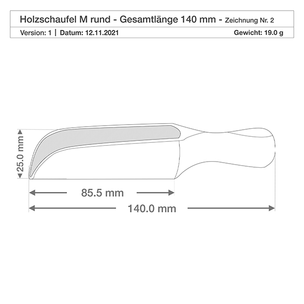 Houten schep maat M halfronde vorm - 140mm lang Gedetailleerde tekening van houten schep M met precieze afmetingen 85,5 mm schepbreedte en 25 mm hoogte voor keukengebruik