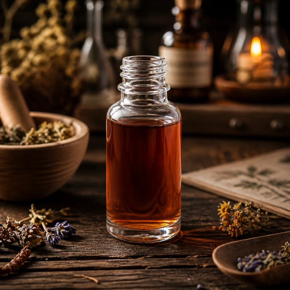 Apotheekflesje ClearLine DIN18 van 10 ml met amberkleurige olie op een rustieke houten tafel