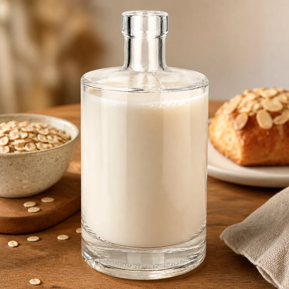 500 ml glazen fles Marie gevuld met havermelk naast havervlokken en brood toont veelzijdigheid voor melkalternatieven