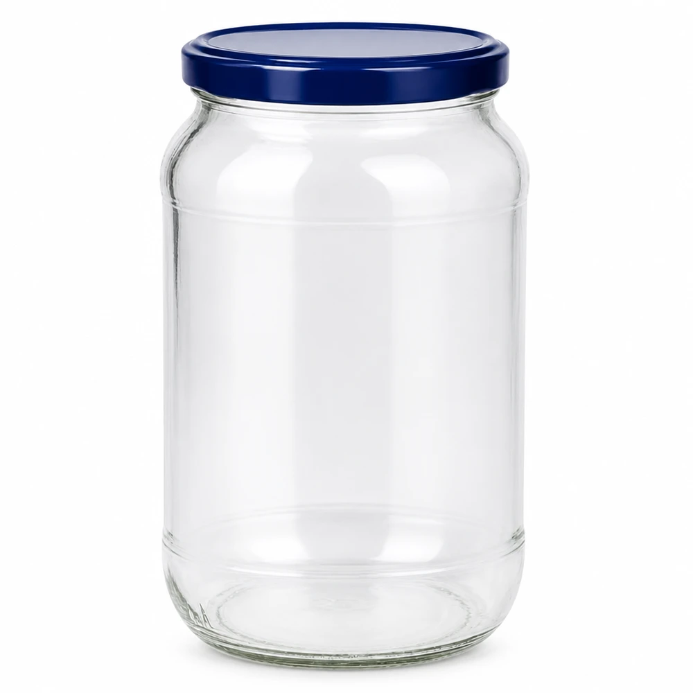 1062ml ronde inmaakpot met blauw BasicSeal deksel UNiTWIST lege transparante voorraadpot