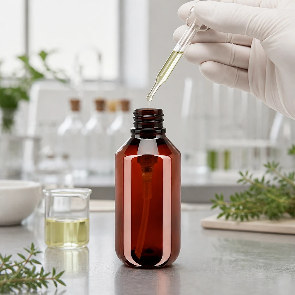 Bouteille PET 100ml avec pompe distributrice noire Hervulbare amberkleurige PET-fles van 100 ml met doseerpomp voor etherische oliën