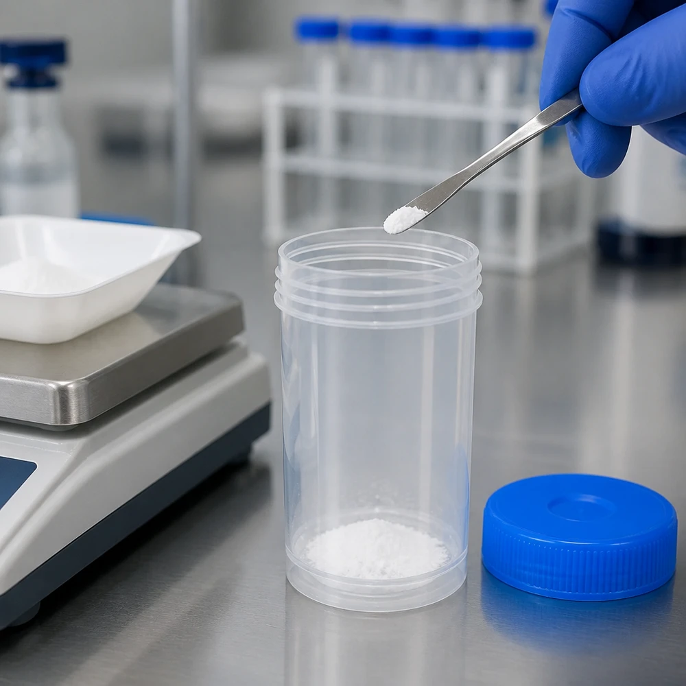 Universele kunststof pot (pathologie pot) 100ml Laborant doseert chemische stof in een universele kunststofbus van 100 ml met behulp van een analyseweegschaal