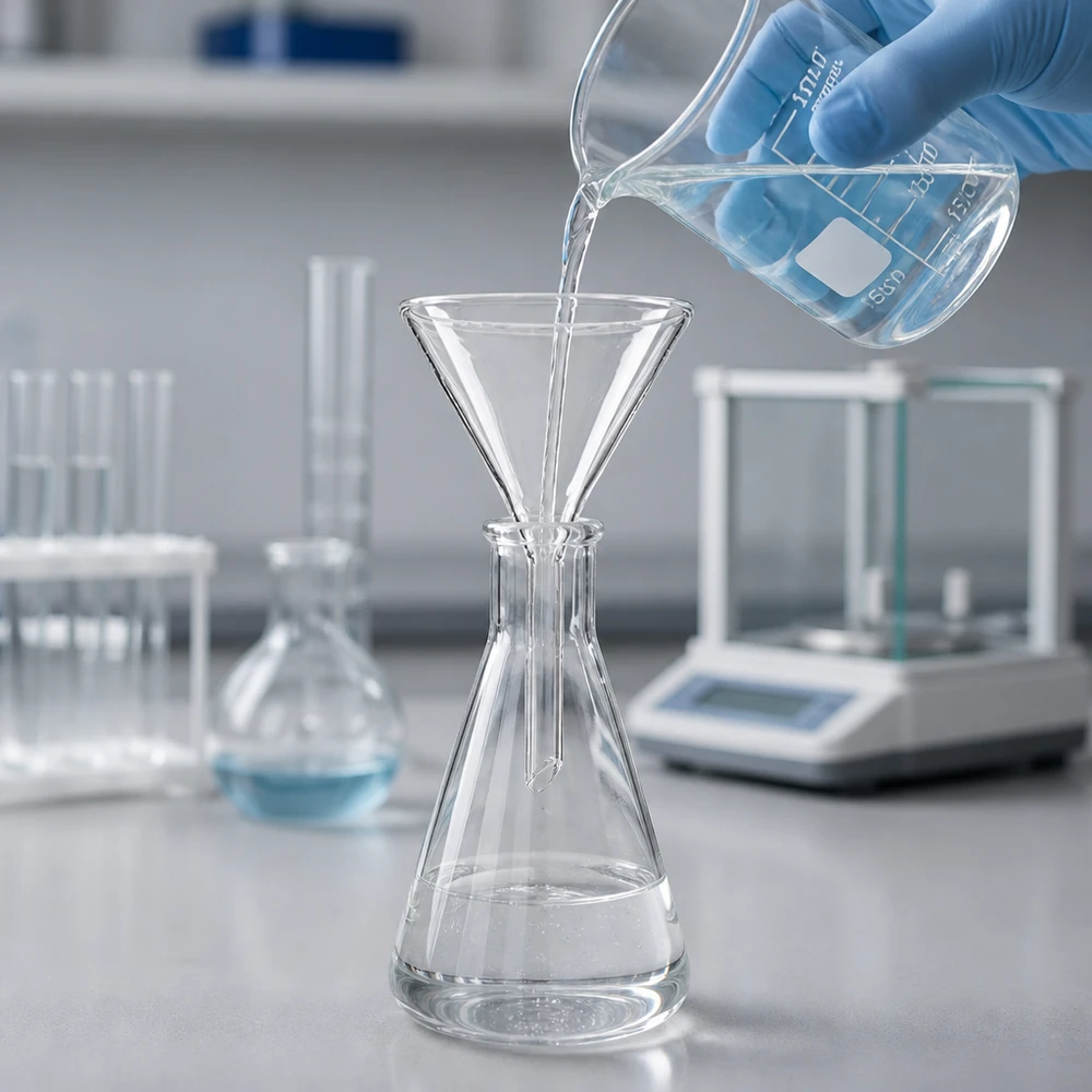 Transparante korte trechter 55 mm van hittebestendig borosilicaat voor laboratoriumtoepassingen