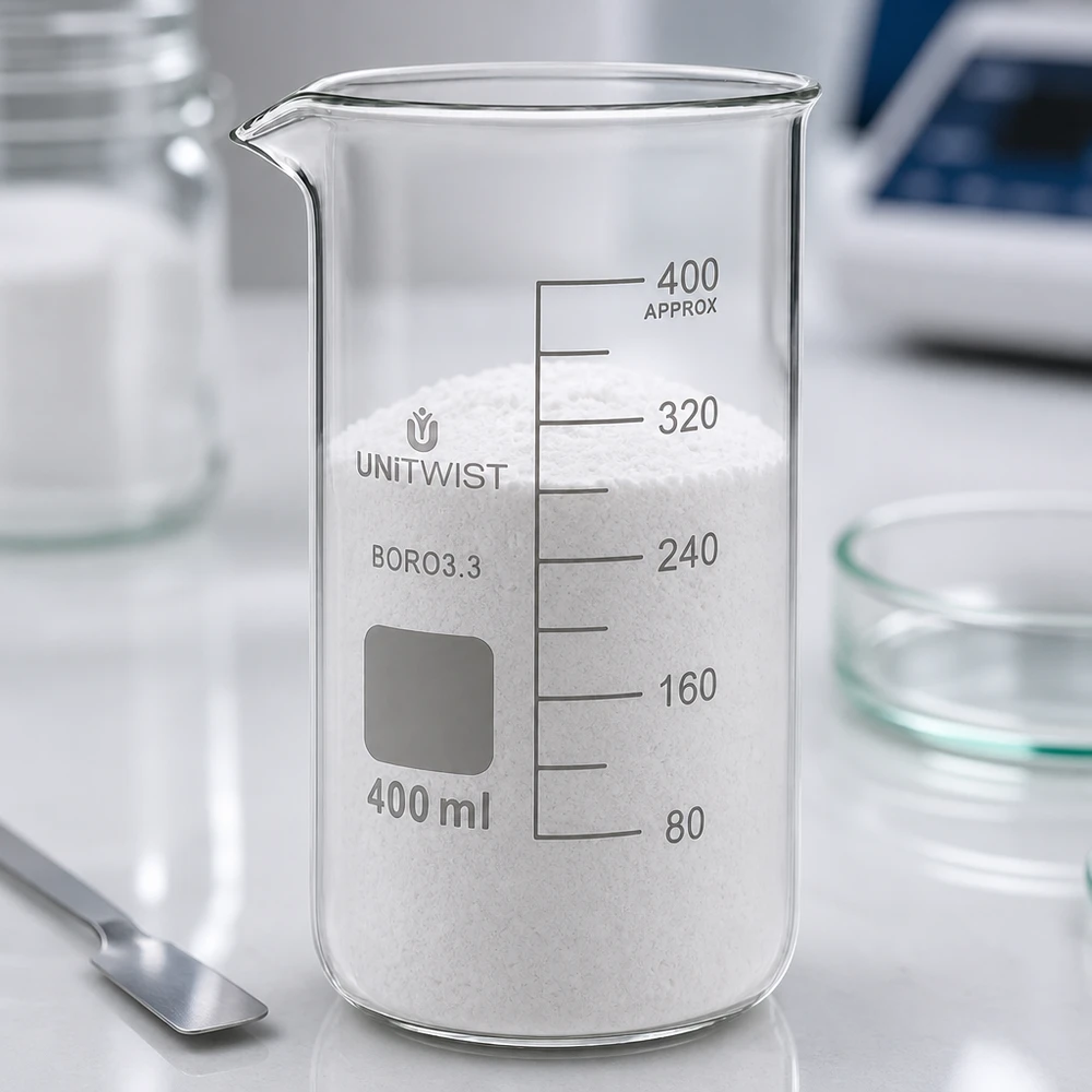 Hoog laboratoriumbekerglas 400 ml, transparant borosilicaatglas met wit chemisch poeder, laboratorium