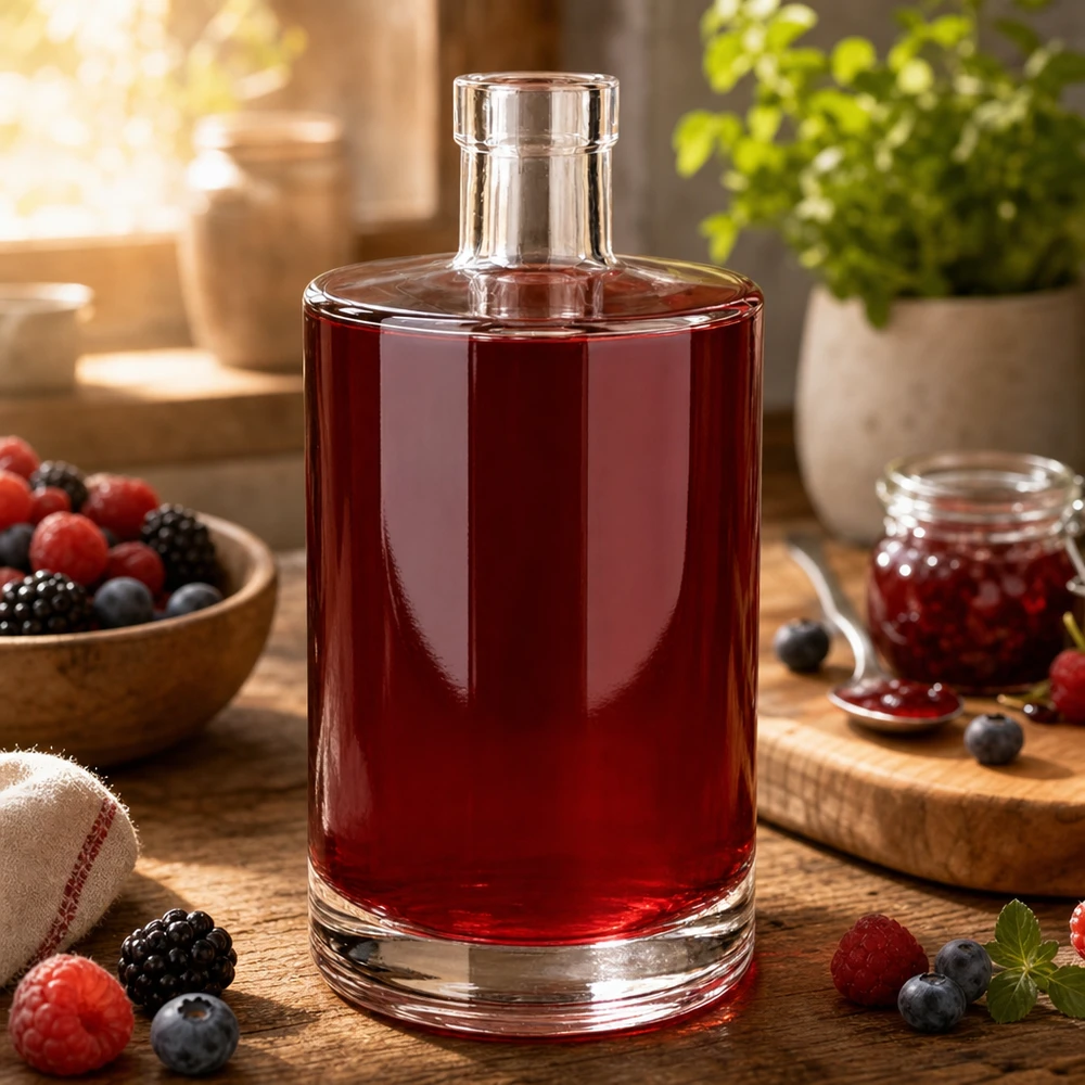 700 ml glazen fles Marie zonder sluiting UNiTWIST® 700ml Glasflasche Marie mit rötlichem Beerensaft befüllt umgeben von frischen Beeren auf rustikalem Holztisch