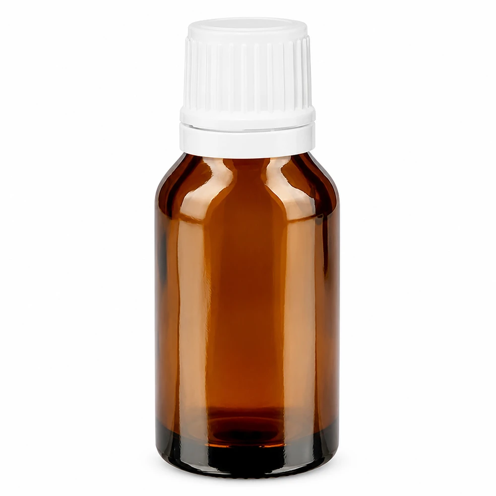Medische fles van 15 ml, bruin, met precisiedruppelaar van 1,2 mm en fraudebestendige witte dop
