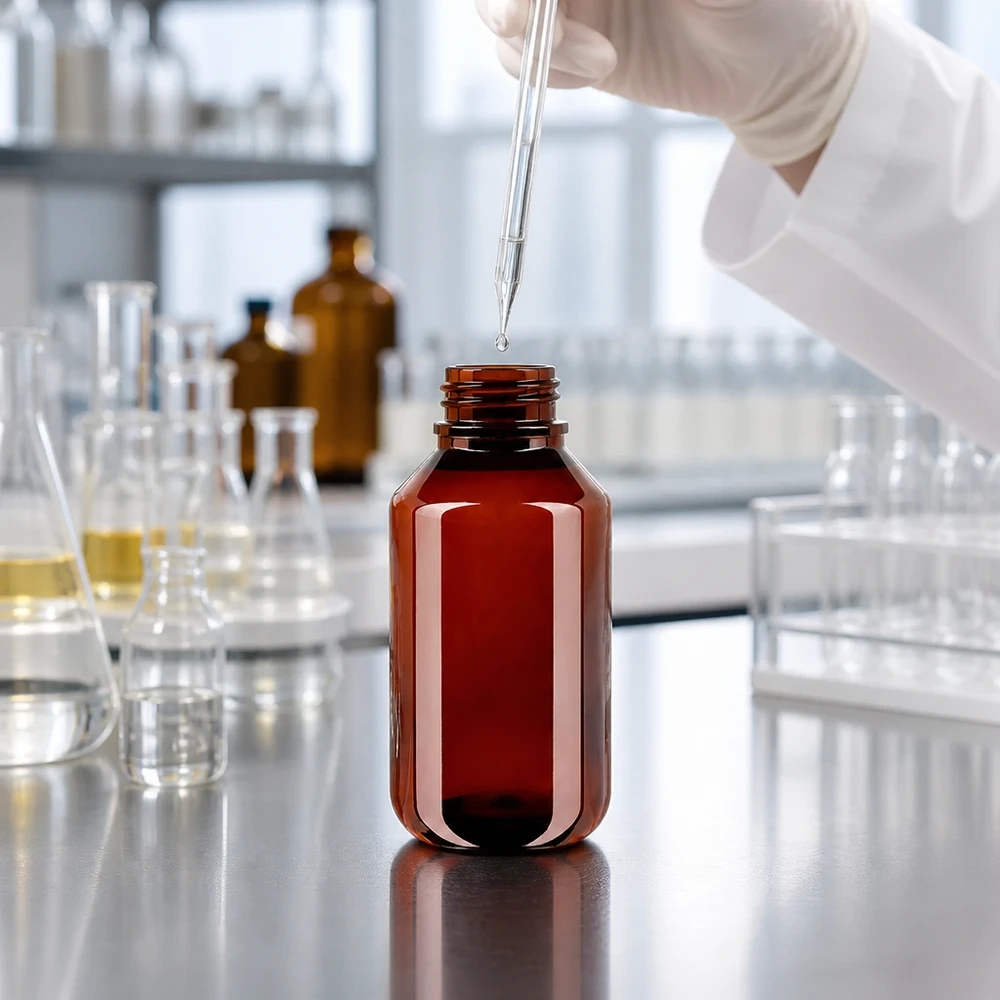 Nauwkeurig vullen van een bruine plastic fles van 100 ml met een pipet in een cleanroomlaboratorium