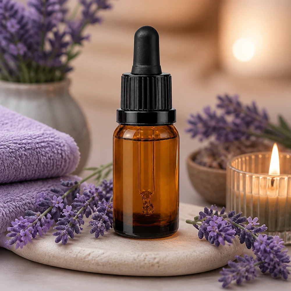 Elegant pipetflesje van 10 ml in amberkleurig glas met zwarte dop voor professionele aromatherapie