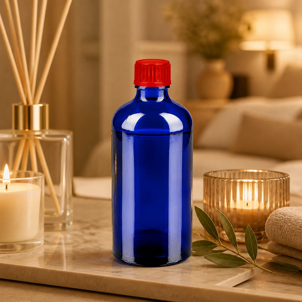 100ml fles 11mm SV rood STD BlueLine UT18/100 Handige glazen fles van 100 ml met ergonomisch ontwerp en veilige SV-sluiting van 11 mm