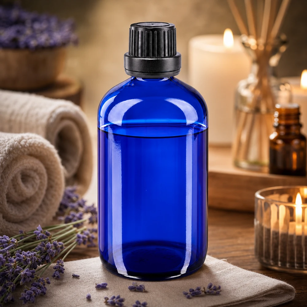 Blauwe glazen fles van 100 ml met verzegelde dop voor natuurlijke cosmetica en etherische oliën