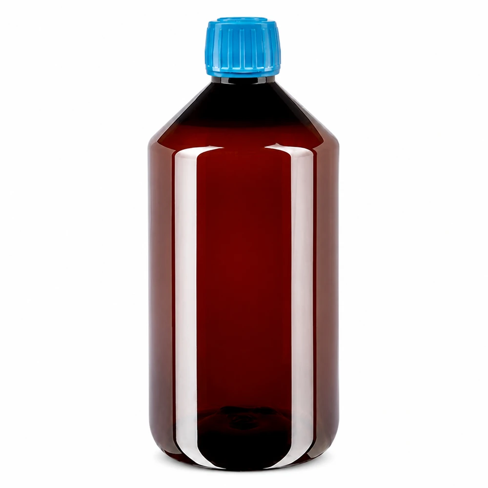 PET fles 750ml met blauwe verzegelstop Cilindrische bruine PET-fles van 750 ml met blauwe dop voor vloeistoffen