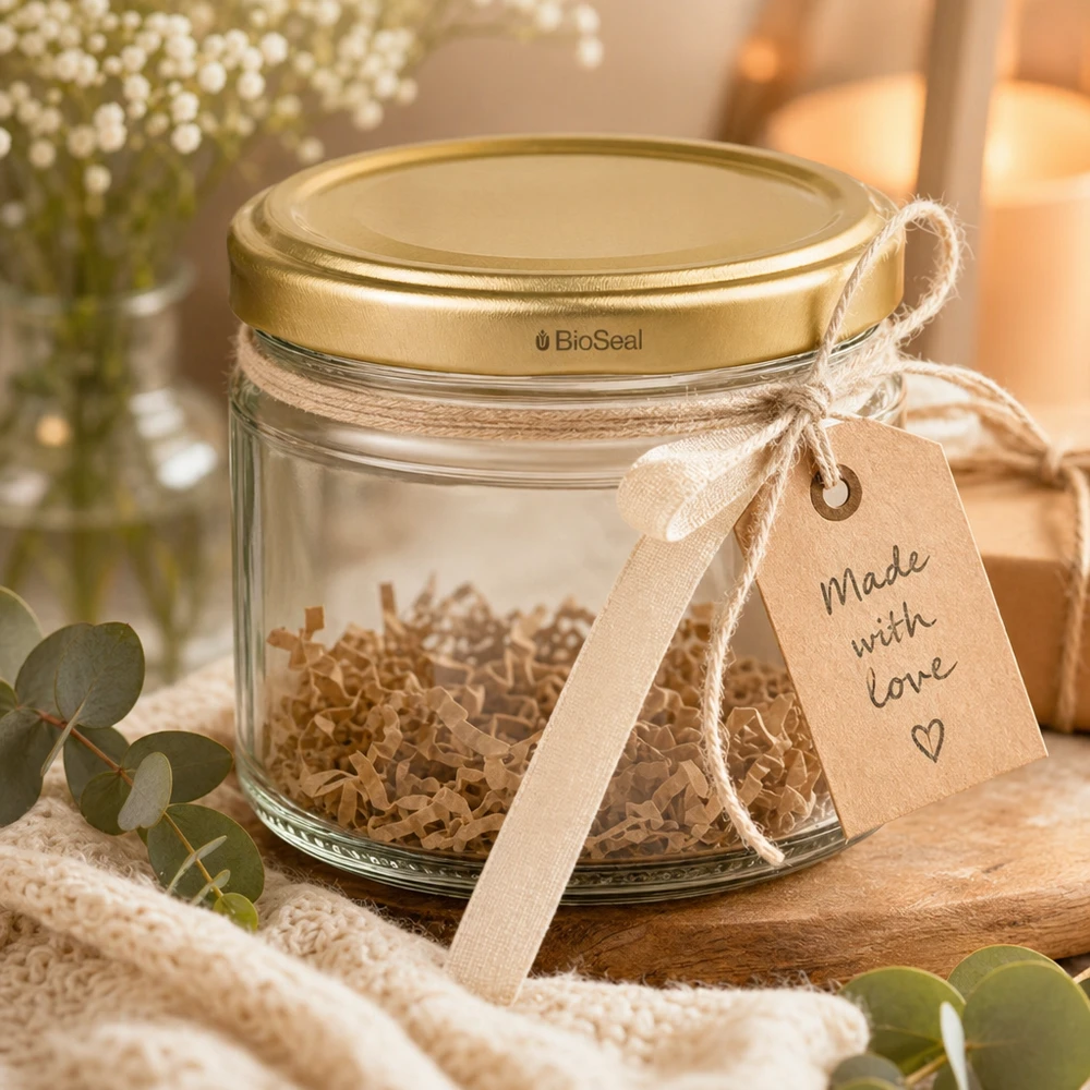 330ml rond glas met BioSeal deksel goud UNiTWIST UniTWIST Runda330 voorraadpot met gouden TO82 BioSeal deksel decoratief verpakt als geschenk met lint