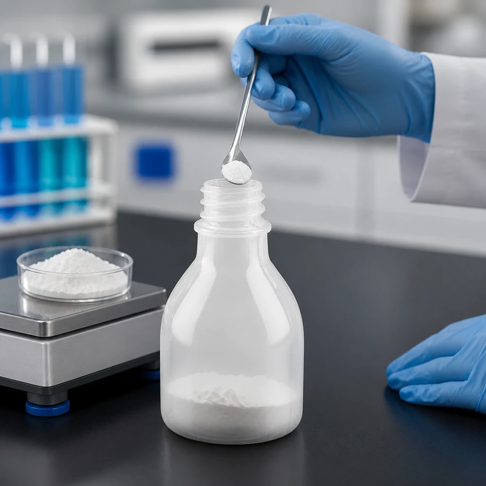 Compacte laboratoriumfles van 20 ml met smalle hals, gemaakt van PE, gevuld met poeder, met op de achtergrond een precisieweegschaal