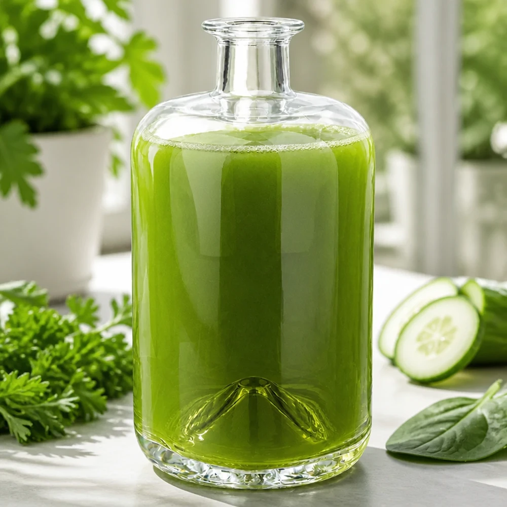 700 ml glazen fles Sofia gevuld met groene smoothie naast komkommer peterselie en spinazie gezond eten scène