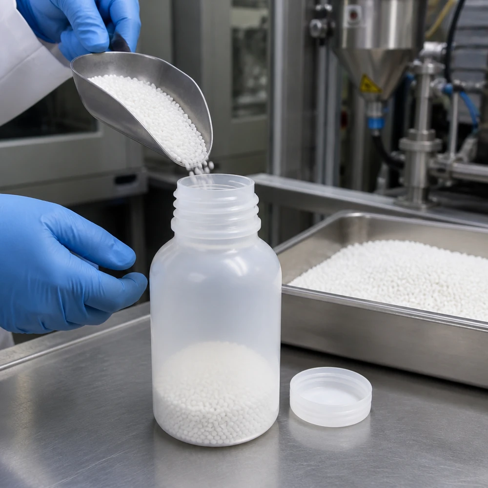 Kleine verpakking van 100 ml met brede hals voor vaste stoffen en granulaten in een chemisch laboratorium