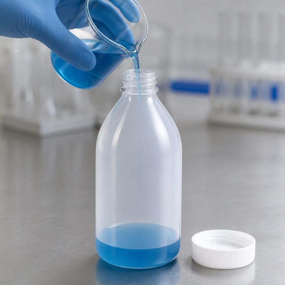 Nauwe hals laboratoriumfles 500ml zonder sluiting Beschermhandschoen houdt het bekerglas vast tijdens het vullen van een laboratoriumfles met smalle hals van 500 ml met blauw reagens