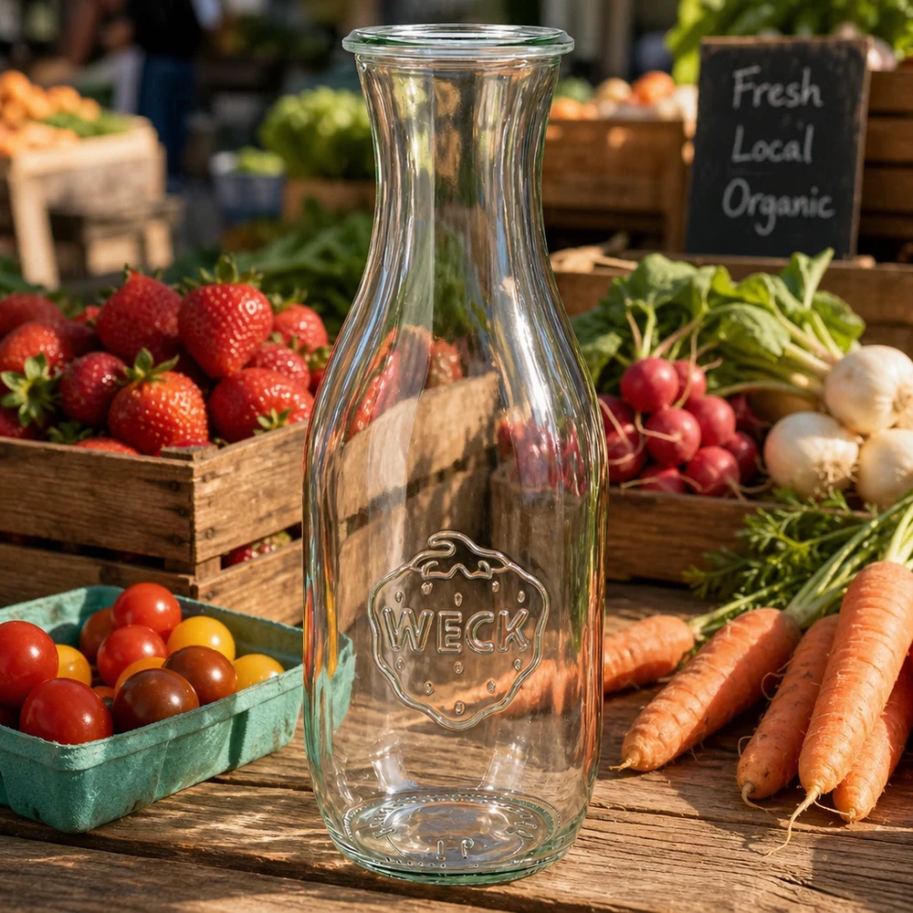 WECK sapfles 1062ml RR60 op houten tafel met verse marktgroenten wortelen radijzen tomaten en biologisch bord