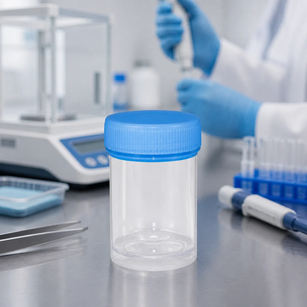 Universele kunststof pot (pathologie pot) 35ml Pathologiekampje van 35 ml, gemaakt van BPA-vrije kunststof met een blauwe deksel, voor gebruik in een laboratoriumomgeving