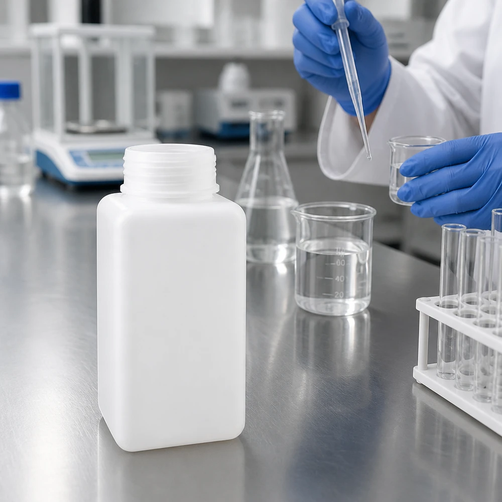 Chemicaliënfles 1500 ml, wijde hals, incl. sluiting GL 65 Stevige vierkante chemicaliefles van 1500 ml met brede hals, ruimtebesparend stapelbaar, vervaardigd uit PE-HD-materiaal