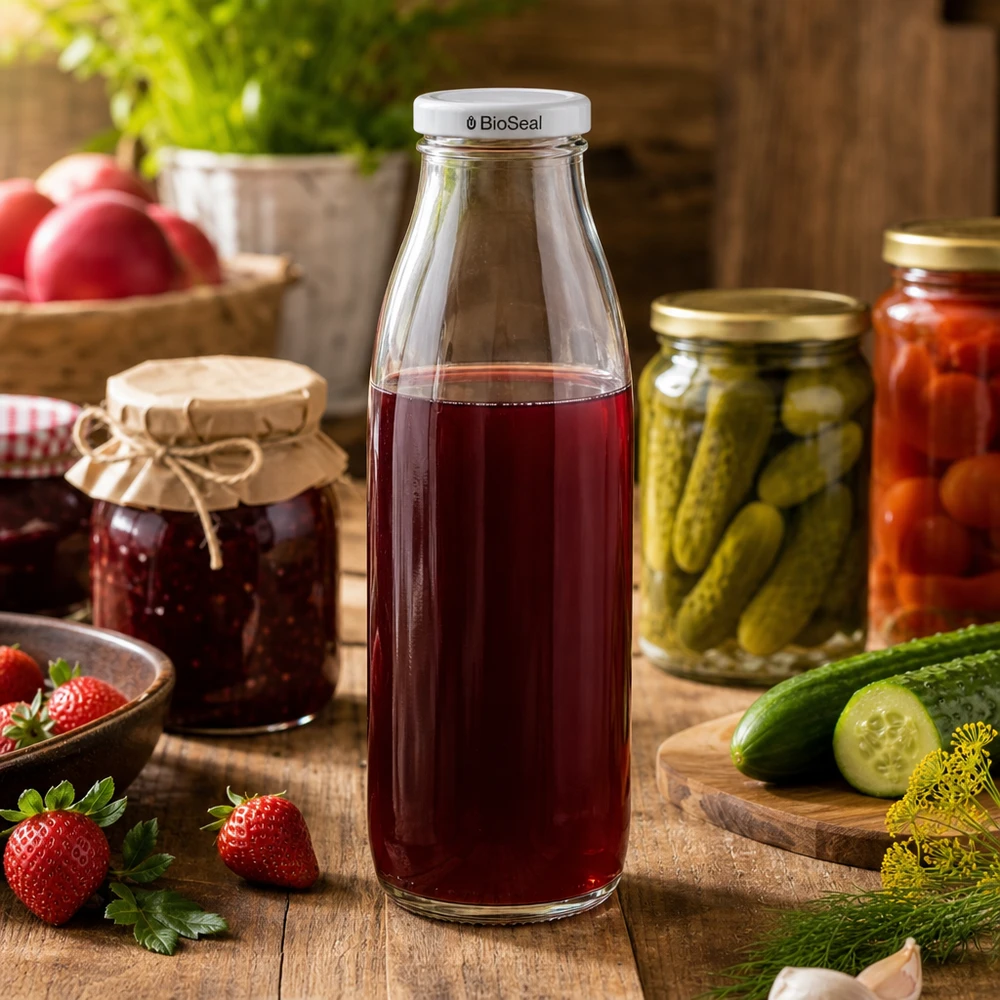 500 ml glazen fles gevuld met rood sap, BioSeal deksel wit, omringd door inmaakpotten en verse komkommers