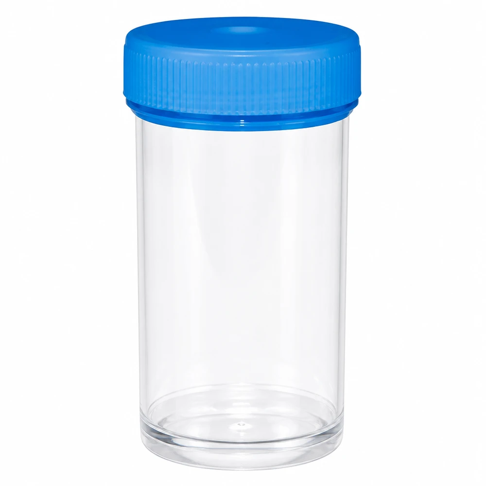 Universele plastic pot (pathovat) 50ml Steriele kunststof pot van 50 ml met geribbeld blauw deksel voor veilige opslag van monsters