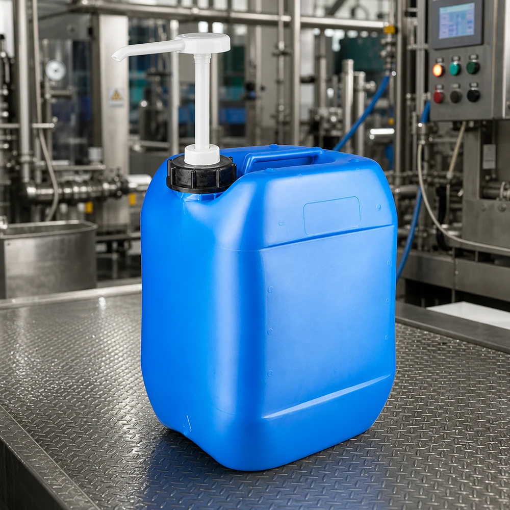 Blauwe chemicaliënkanister van 10 liter met doseerpomp en zwarte DIN-schroefdop voor industrieel gebruik