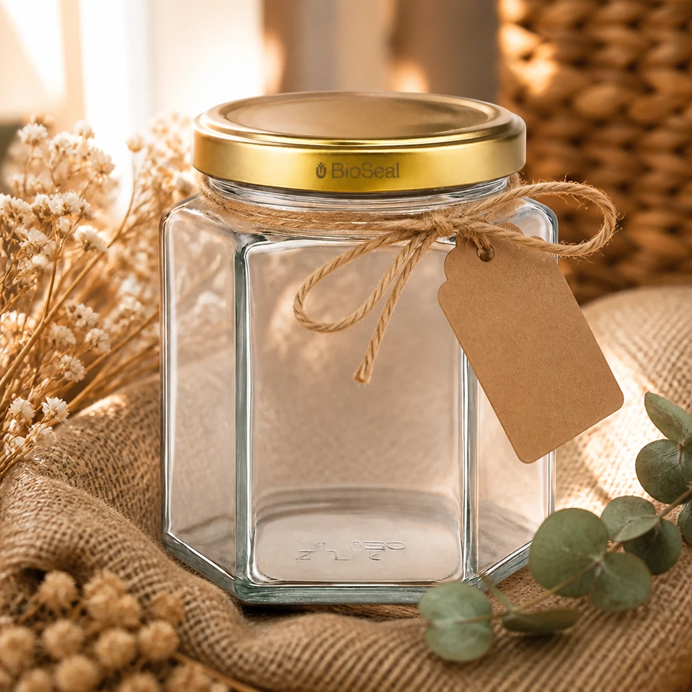 390ml hexaglas met BioSeal deksel goud UNiTWIST UNiTWIST Hexa390 lege glazen pot met gouden BioSeal deksel en geschenktag in een natuurlijke decoratieve scène