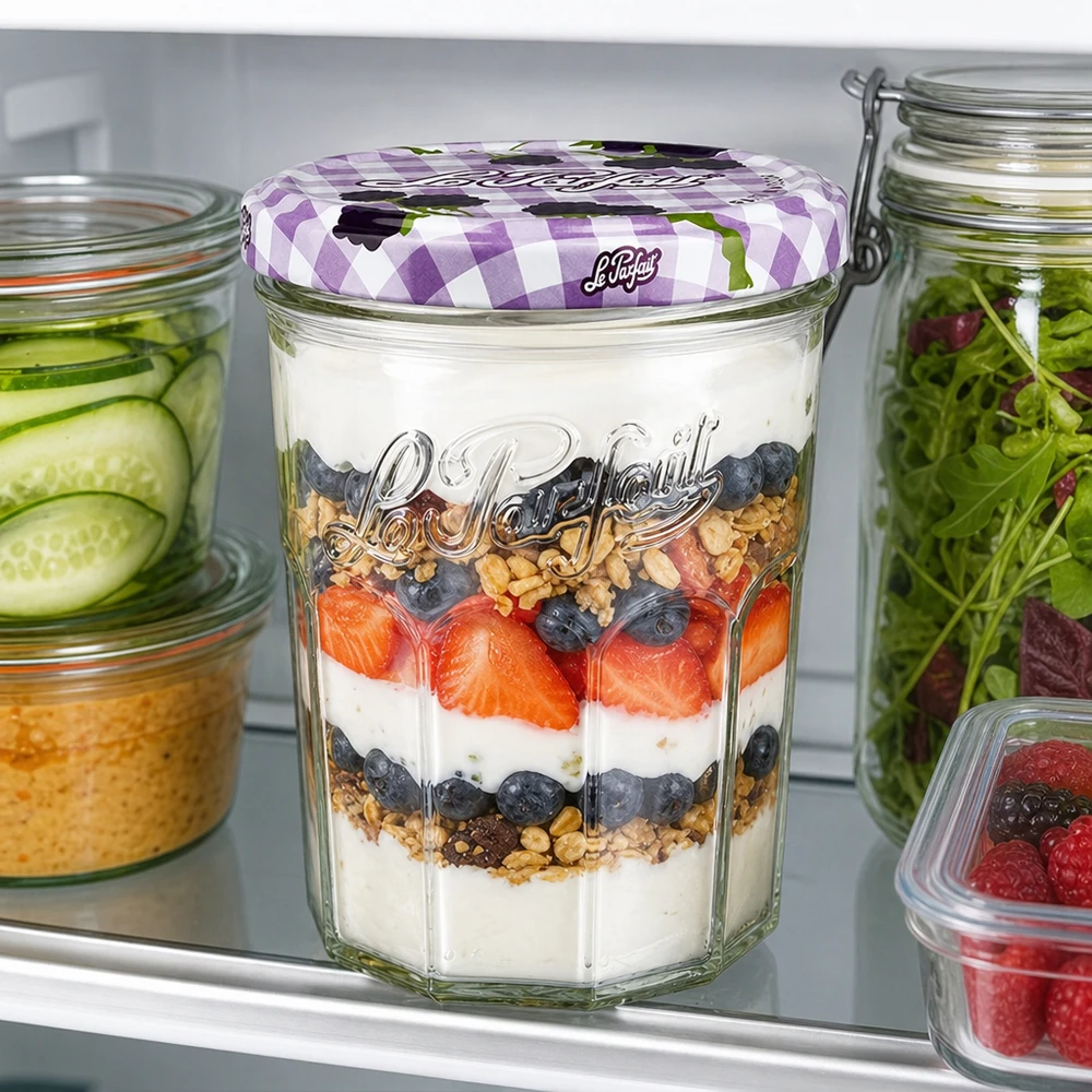 Le Parfait tumblers 385ml met yoghurt en bessenparfait in de koelkast tonen veelzijdig gebruik als voorraadpotje