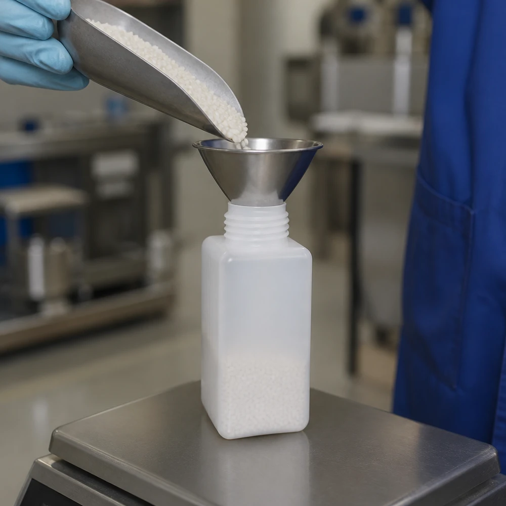 Kunststof fles met brede hals, 1500 ml, van voedselveilig PE-HD voor chemische vaste stoffen in de cleanroom
