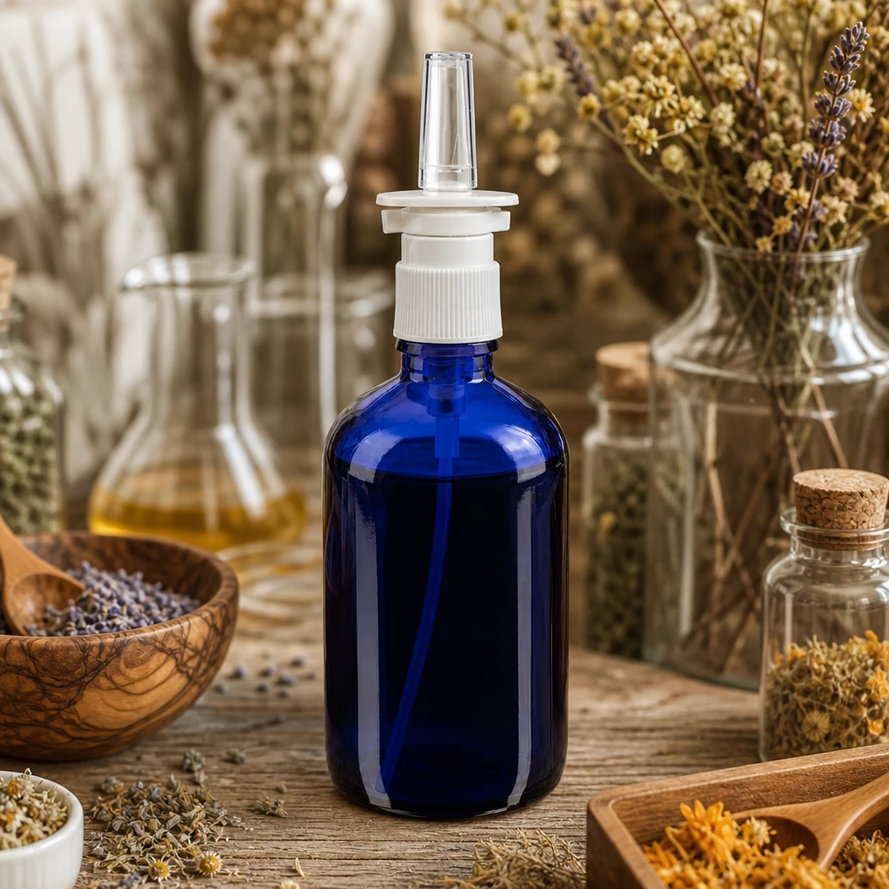 Kobaltblauw apothekersflesje voor neusspray van 100 ml naast glazen potjes met kruiden en oliën