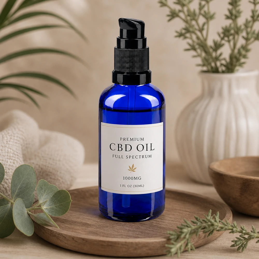 Blauwe glazen flessen 50ml met zwart pompsluiting Donkerblauwe glazen fles met pompdop van 50 ml, omgeven door eucalyptus en kruiden