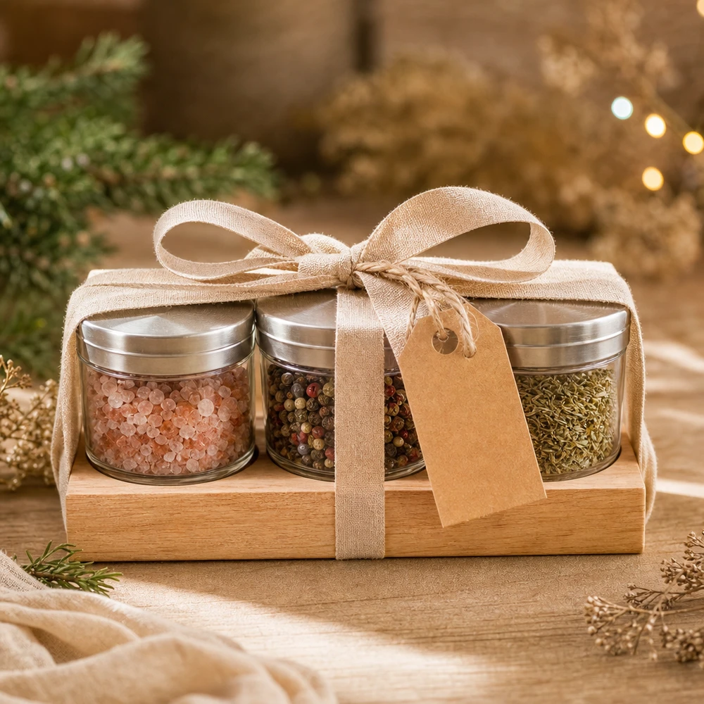 Plano3 serveerplank cadeauset met kruiden in WECK potjes - Himalaya zout peper kruiden in houten kistje met strik