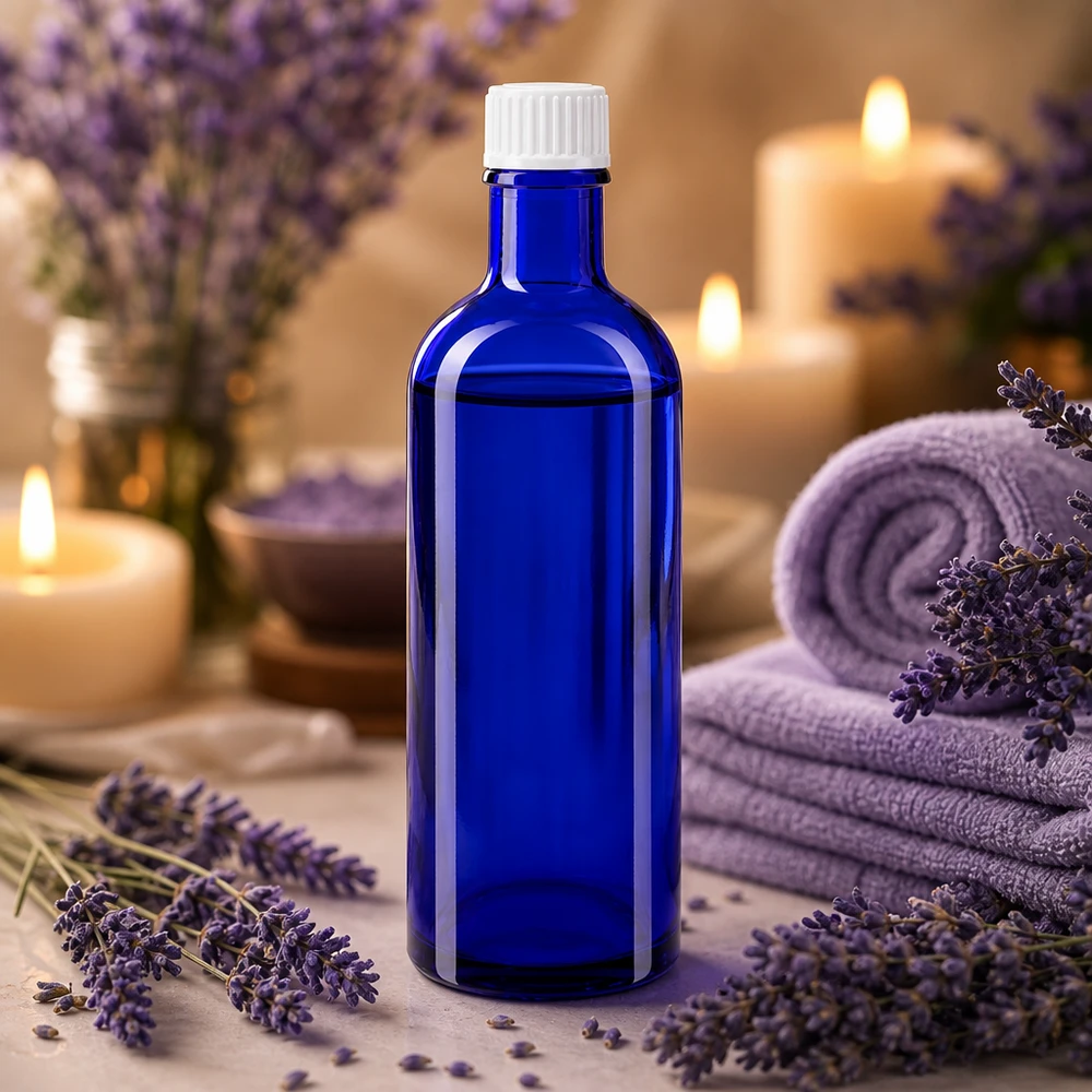 Blauwe glazen flessen 200ml met wit schroefsluiting St Slanke blauwe glazen fles van 200 ml met schroefdop voor kruidenessences