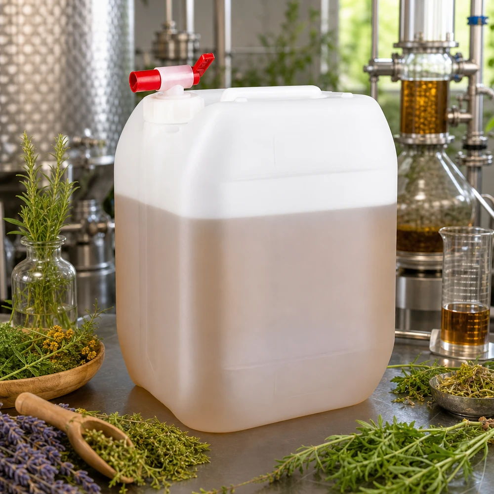 10l jerrycan met aftapkraan, UN-toelating Stevige voorraadkan van 10 liter met een rode kraan, omringd door lavendel, rozemarijn en tijm