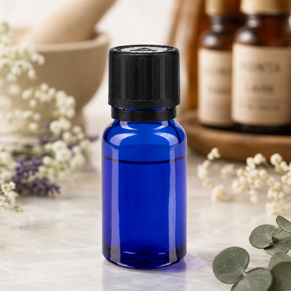 Farmaceutische glazen flesje van 10 ml, kobaltblauw met zwarte originaliteitssluiting, voor natuurlijke geneesmiddelen en essences