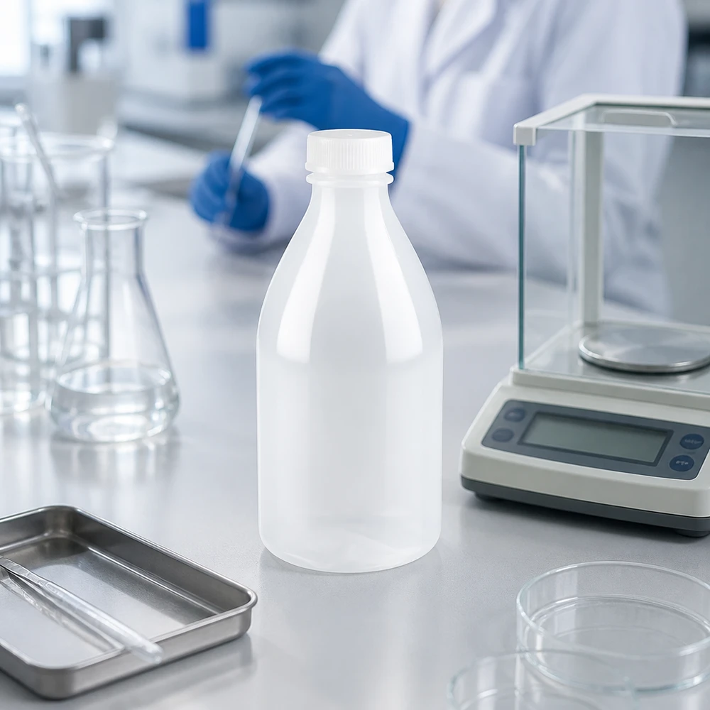 Een melkachtig witte laboratoriumfles met smalle hals van 100 ml naast een precisieweegschaal en een metalen schaal in het laboratorium