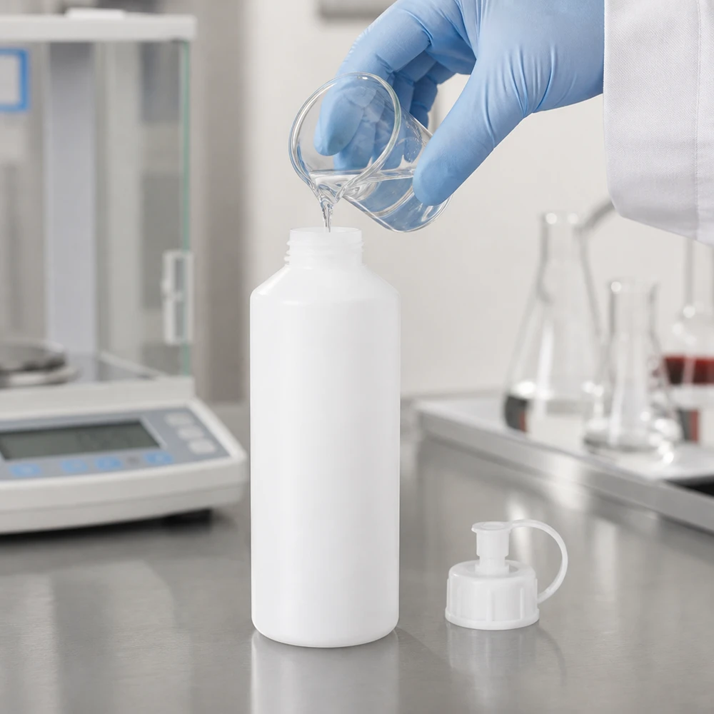 PET cilinderfles 100ml wit met sproeisluiting wit Het vullen, met handschoenen, van een apotheekflesje van 100 ml, vervaardigd uit voedselveilig HDPE