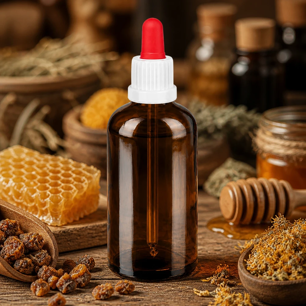 100ml laboratoriumfles met rode etikettering, ideaal voor het bewaren van tinctuur en extract