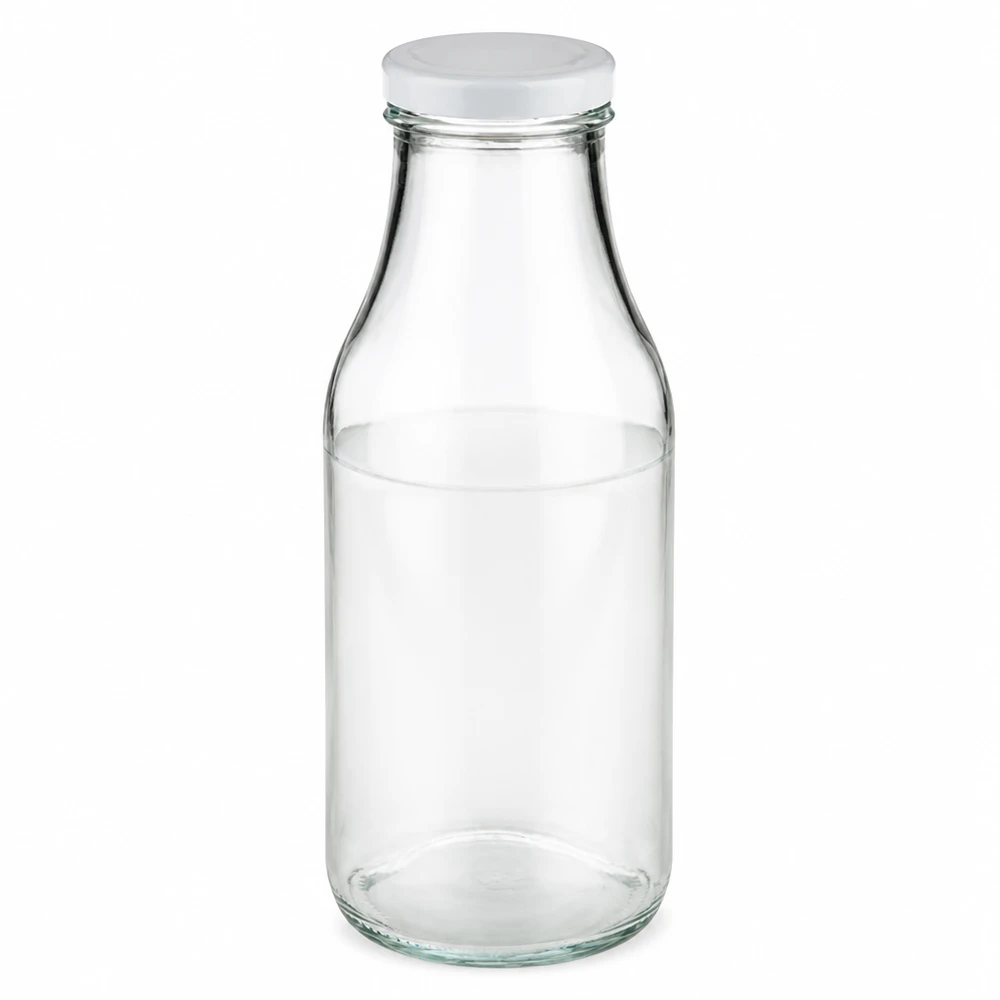 Glazen fles van 330 ml + BasicSeal-deksel, wit, UNiTWIST Doorzichtige glazen fles van 330 ml met witte dop, geschikt voor levensmiddelen