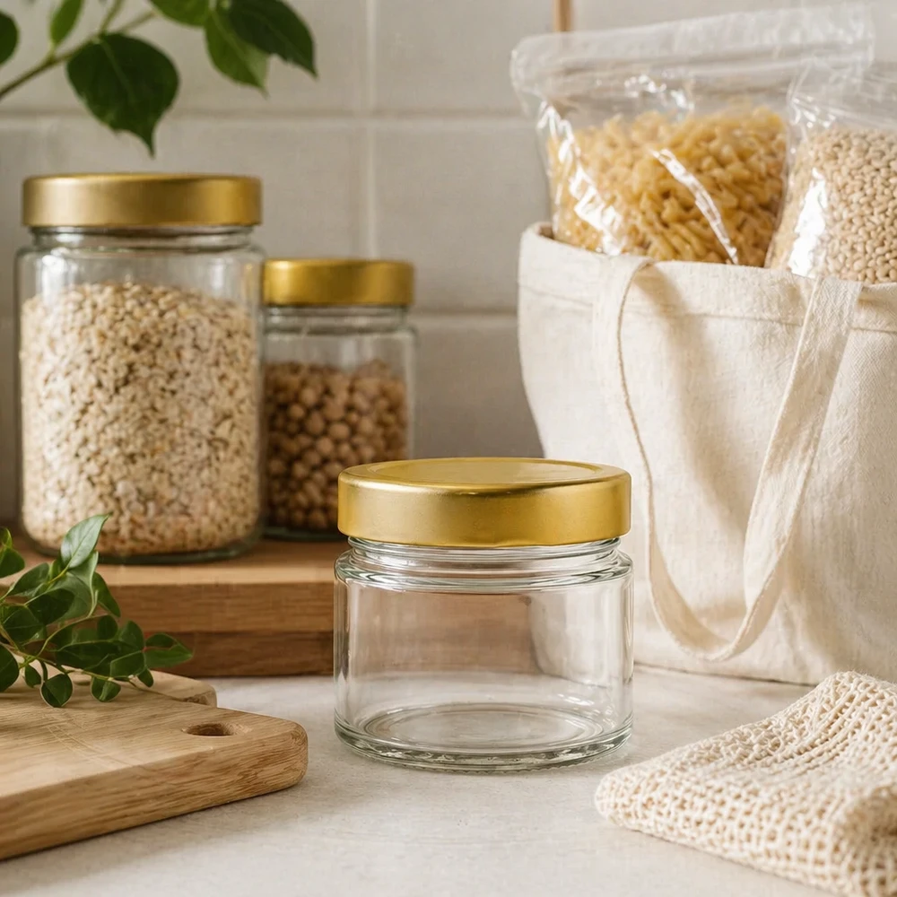 Klein rond potje van 80 ml met BasicSeal deksel goud diep in duurzame keukenomgeving met opberggerei