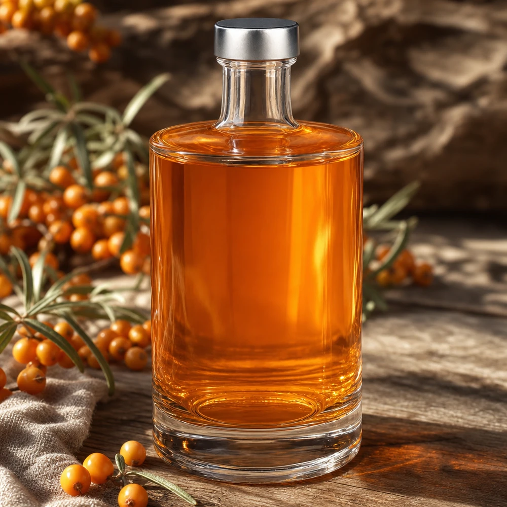 500 ml glazen fles Sam en schroefdop zilver UNiTWIST® 500ml glazen fles Sam gevuld met duindoornlikeur naast duindoornbessen op houten plank herfstdecoratie