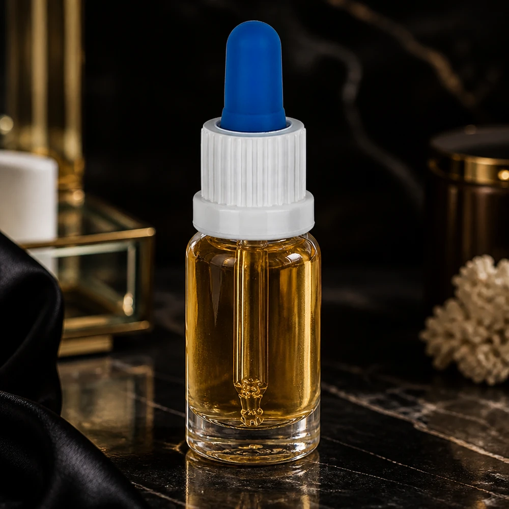 Elegante pipetfles van 10 ml van helder glas met amberkleurige olie op een achtergrond van zwart marmer