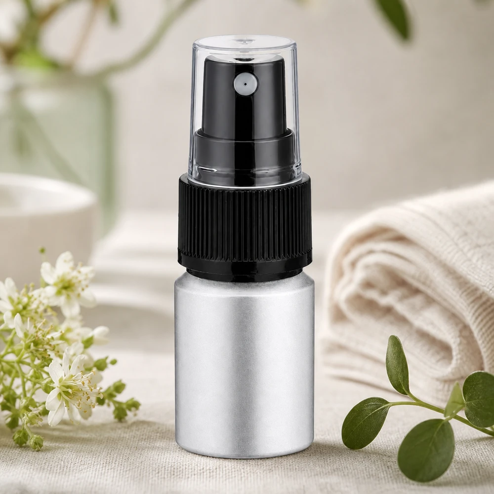 10 ml aluminium fles gebeitst incl. pompverstuiver zwart Lichtgewicht aluminium spuitflesje van 10 ml met doorzichtige dop voor op reis en onderweg